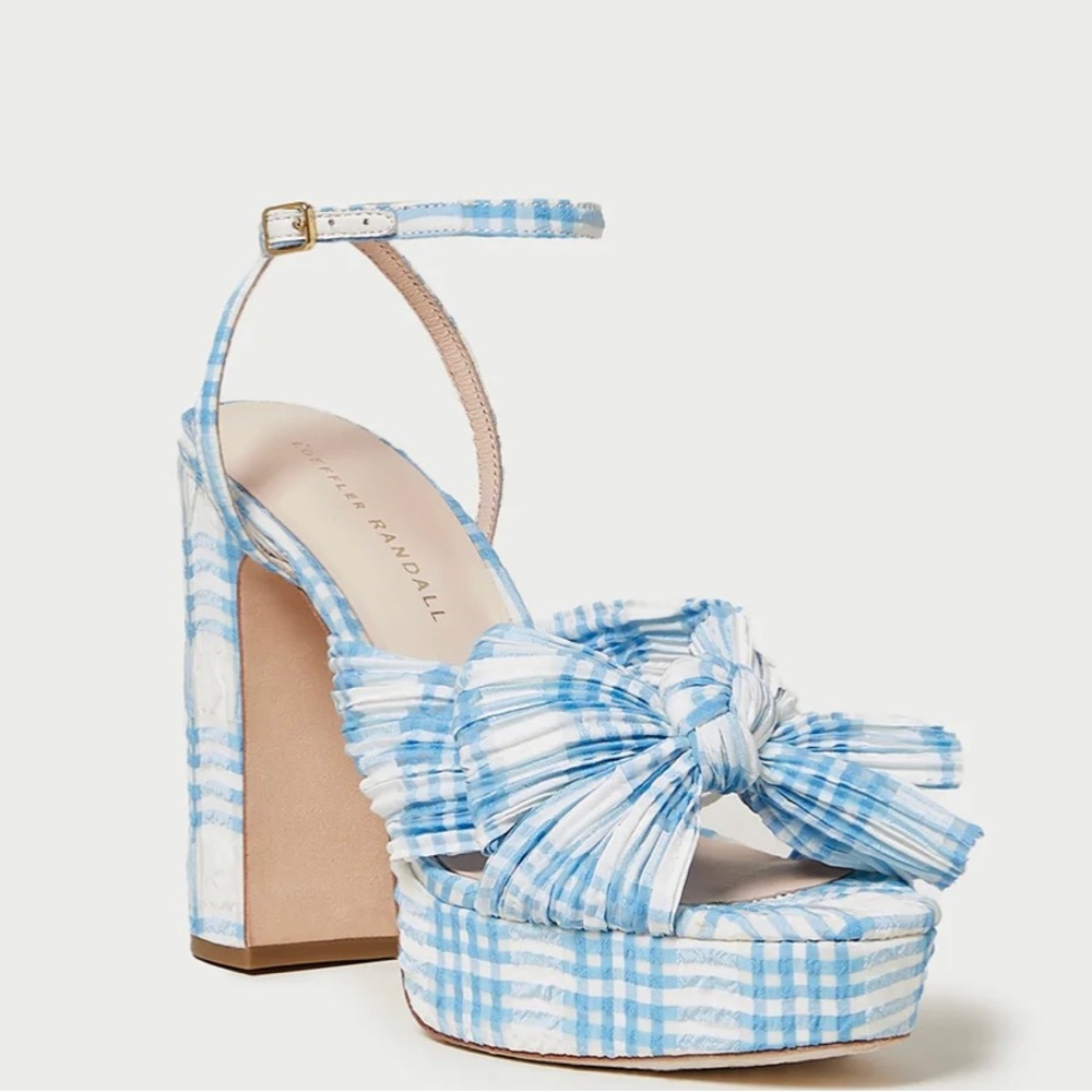 NWT- Loeffler Randall Natalia Blue Plaid Platform Bow Heel